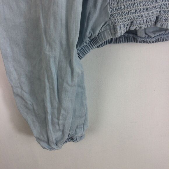 Cloth & Stone Cropped Smocked Back Puff Sleeve Chambray Shirt Top Blue Sz Small - Picture 11 of 13